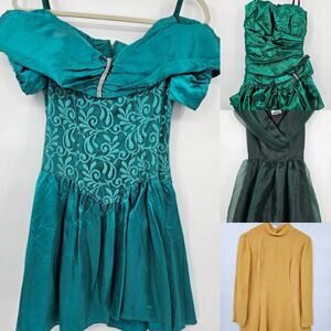 Vintage Lot of 4 Green Formal Dresses - Fair Condition for Dress Up/Play